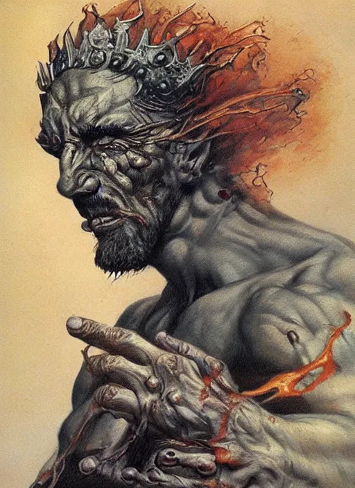Prompt: portrait of grizzled male god of the damned, black iron crown, claw scars, strong line, deep color, beautiful! coherent! by boris vallejo, by brian froud