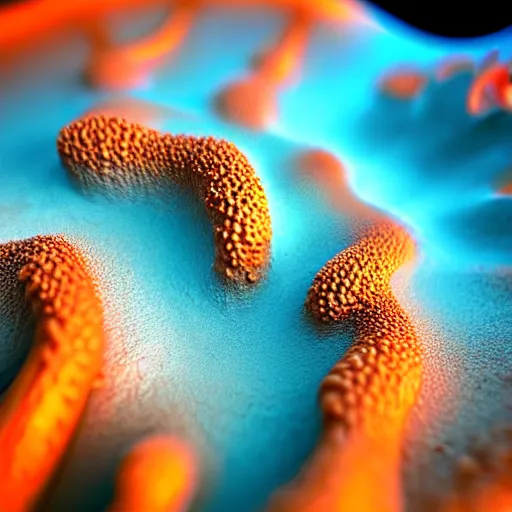 Image similar to closeup of beautiful human bodies intertwined, 3 d fractals, mandelbulb, dripping wet, skin, macro photography, highly detailed, hyperrealism, cinematic, cyan and orange