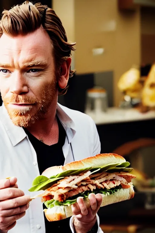 Prompt: A cinematic photo of Ewan McGregor eating sandwich
