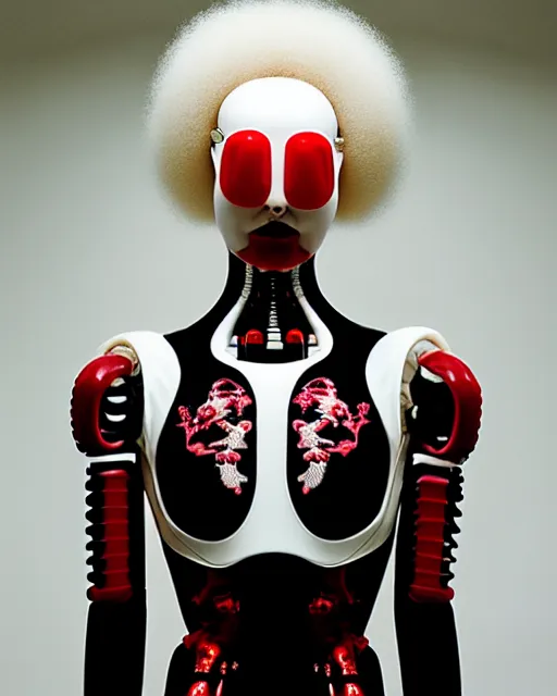 Prompt: portrait of a woman wearing a white embroidered translucent silicone mask and white red frizzy hair buns, wearing a black bodysuit by alexander mcqueen, cream white background, soft diffused light, biotechnology, humanoide robot, bjork aesthetic, translucent, by rineke dijkstra, intricate details, highly detailed, masterpiece,