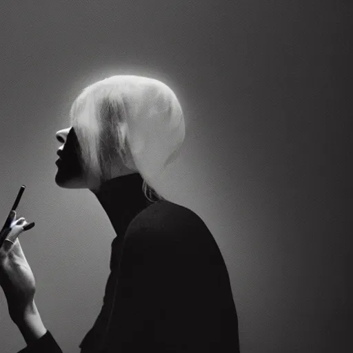 Prompt: a woman smoking a cigarette in a dark room, screenshot by martin scorsese, aestheticism, goth, dark and mysterious, filmic, a photorealistic painting by jerry weiss, shutterstock tumblr contest winner, naturalism, behance hd, shutterstock contest winner