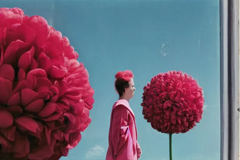 Image similar to giant flower head, girl standing, 1 9 6 0 window, surreal photography, symmetry, mid century, flat perspective, bright colours, blue sky, realistic, wes anderson