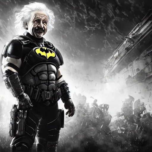 Image similar to 'Albert Einstein'! as Batman in Gears of War, splash art, movie still, detailed face, cinematic lighting, dramatic, octane render, long lens, shallow depth of field, bokeh, anamorphic lens flare, 8k, hyper detailed, 35mm film grain