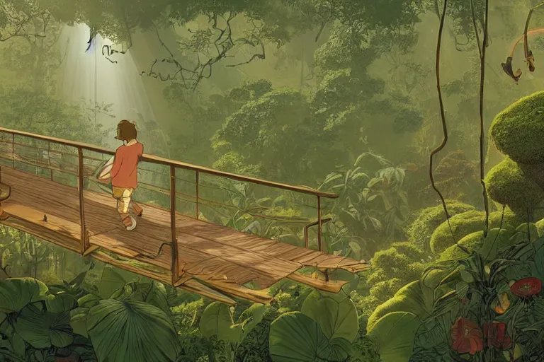 Prompt: insane perspective down view of a young indiana jones on a suspended wooden bridge entering a vast paradise jungle with a distant clearing, giant mushrooms, large white birds flying, exotic vegetation, large rocks with thick moss, banana trees, beautiful large flowers, god rays light. very graphic illustration by moebius and victo ngai, ghibli spirited away vibe, dynamic lighting, night mood
