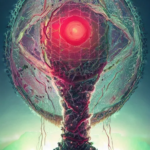 Prompt: giant 🎇 ice deadly virus, mitosis, evolution, mutation, nuclei, telophase, dna, quantum realm, symmetrical, vicious, deadly, habitable planet, angry, poisonous, zombie dragon, monster, scary, immune, hunter, kaleidoscope pastiche by Beeple, pastiche by Victor Ngai, Precise and Intricate Linework, Art Nouveau Cosmic 4k spray painted graffiti featured on 500px ,CGSociety, Dandelion and Peach color scheme