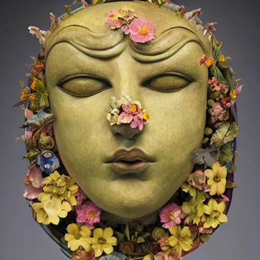 Image similar to sculpture of facemask made of flowers, by annie swynnerton and jean delville and edward hopper and evelyn de morgan and rufino tamayo and diego rivera, art deco flower shaman, art brut, outsider art, symbolist, dramatic lighting, god rays, elaborate geometric ornament, clean crisp graphics, smooth sharp focus, extremely detailed, adolf wolfli