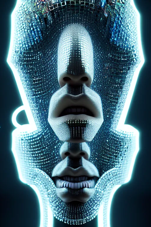 Image similar to hyperrealism, dreamland of chinese, halfturn portrait of a big crystal face made of crystals half - turn, ominous, slender and densely arranged teeth, futuristic, art deco, expressive, dystopian, cyberpunk, mecha, sss material, ominous, intricate, oc rendered, concept art, photorealistic, unreal engine render