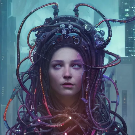 Prompt: portrait of Medusa with vr headset, cyberpunk, cables on the head, futuristic hi-tech details, ominous, intricate, art by anthony macbain + greg rutkowski + alphonse mucha, concept art, 4k, sharp focus, cinematic unreal engine