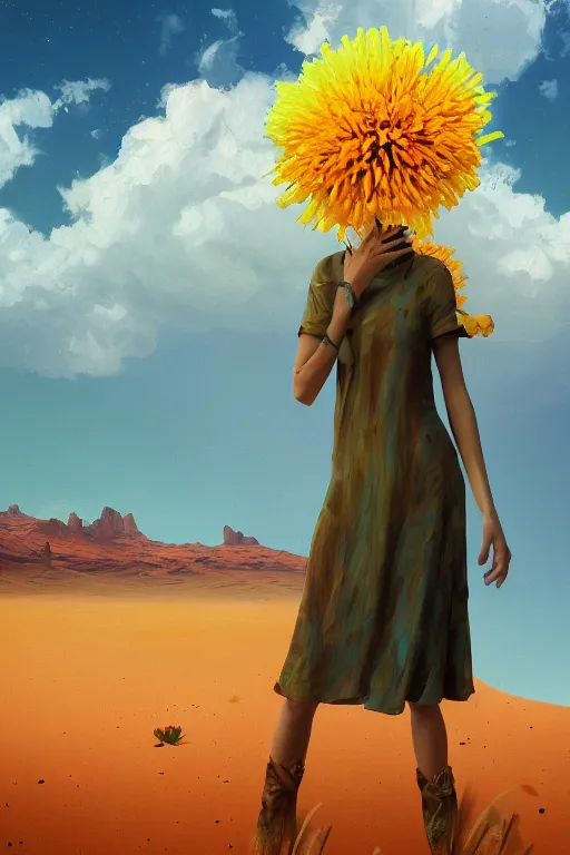 Prompt: closeup, large flower head, girl in desert, surreal photography, wind and cold, dramatic sky, impressionist painting, digital painting, artstation, simon stalenhag