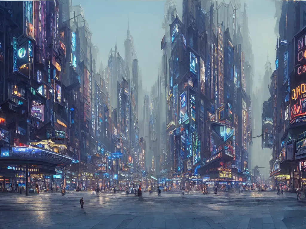 Prompt: beautiful matte painting of a busy city street with complex buildings, vivid lights, art deco, street view, street level, futuristic, technological lights, large screens, ads, intricate, fine detail, smooth lines, polished, cinematic lighting, concept art, blue color scheme, realism, by hugh ferris and noriyoshi ohrai