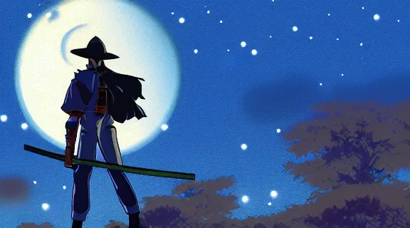 Image similar to Anime Screenshot of a Tohru HOLDING A KATANA at night, strong blue rimlit, visual-key, Nighttime Moonlit, cowboy shot anime illustration BY STUDIO TRIGGER