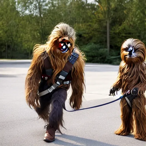 Prompt: han solo walking chewbacca on a leash