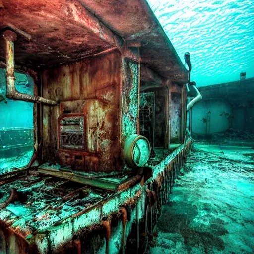 Image similar to abandoned rusty underwater theme park, surreal, horror, eerie, creepy, murky water, underwater, underwater photography, dark, submechanophobia, animatronics,