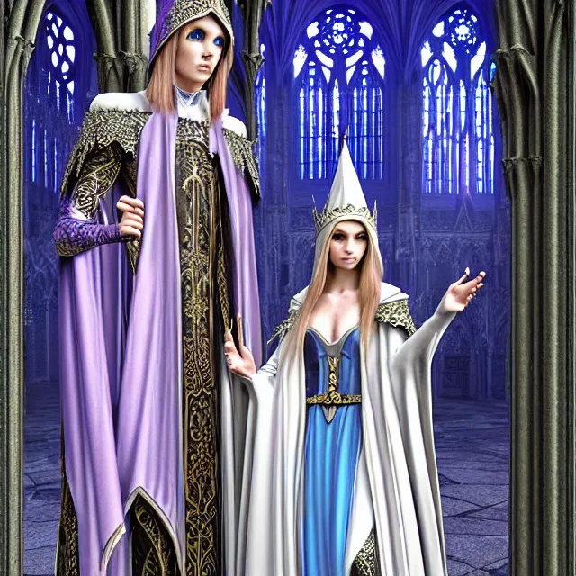 Image similar to an elf queen and ice queen in a gothic church, highly detailed, 4 k, hdr, smooth, sharp focus, high resolution, award - winning photo, illustrated by anne stokes, photorealistic