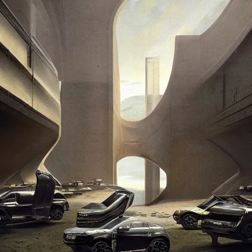 Image similar to sci-fi range rover and wall structure in the coronation of napoleon painting by Jacques-Louis David in the blade runner 2049 film and point cloud in the middle and everything in form of zaha hadid architects artwork by caravaggio unreal engine 5 keyshot octane lighting ultra high detail ultra hyper realism 8k 16k in plastic dark tilt shift full-length view