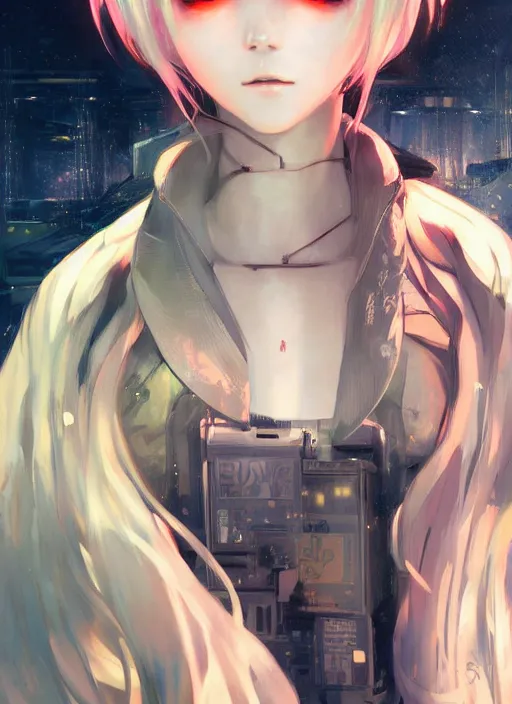 Image similar to portrait Anime girl cyberpunk, cute-fine-face, white-hair pretty face, realistic shaded Perfect face, fine details. Anime, cyberpunk. realistic shaded lighting by Ilya Kuvshinov and Gustav Klimt