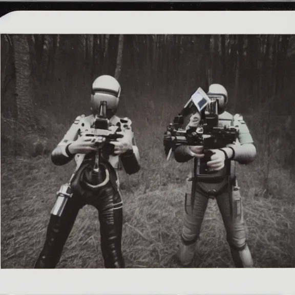 Prompt: polaroid of tribes men with space age weapons shots by Tarkovsky