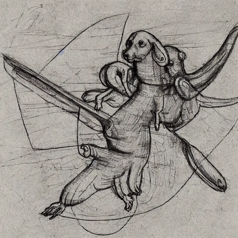 Image similar to leonardo da vinci sketch of a mechanical flying dachshund