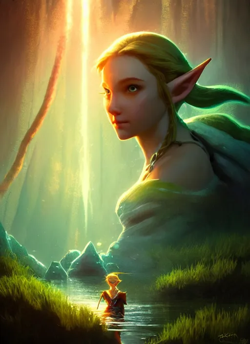 Prompt: portrait of zelda in a magical lake, half submerged in water, highly detailed, digital painting, artstation, night scene with moutains with glowing sprites, wlop concept art, smooth, sharp focus, illustration, art by dreadjim, craig mullins and greg rutkowski, 8 k