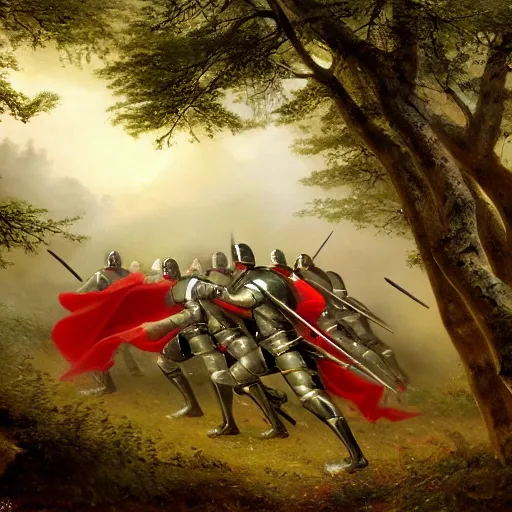 Prompt: soldiers with shields and swords and bows! hiding behind trees! on an elevated hill in a! misty, foggy! forest looking down on a army of gladiators with red capes, walking on a path through the forest below them.! shiny swords, well equiped. painting by eugene de lacroix, 4 k, realistic, anatomically correct, beautiful