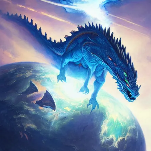 Image similar to Gigantic blue scaled dragon devouring an earth like planet while flying in space, sun system, behemoth, oil painting, by Greg Rutkowski