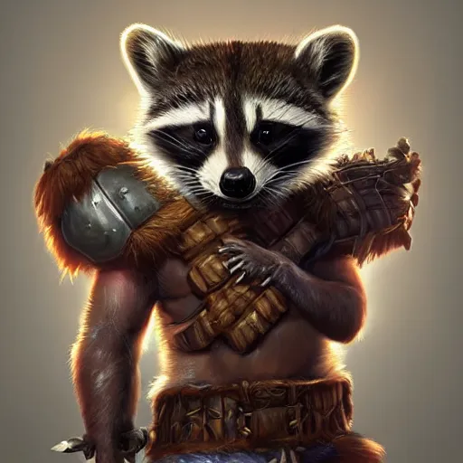 Image similar to epic professional digital airbrushed portrait art of a cute baby raccoon dressed as a barbarian,, best on artstation, cgsociety, wlop, Behance, pixiv, cosmic, epic, stunning, gorgeous,, masterpiece by Dorian Cleavanger and Stanley Lau,