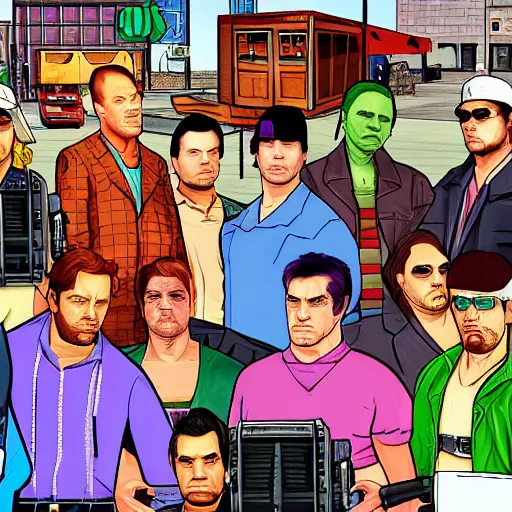 Prompt: GTA characters rendered as 256-color Broderbund VGA 1990s game