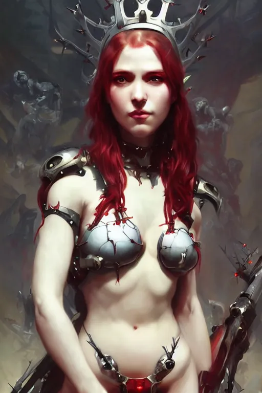 Prompt: Portrait of beautiful pale smiling cyborg maiden in bikini armor with crown of thorns and glowing red eyes, cyberpunc, Warhammer 40000, digital art from artstation by Ruan Jia and Mandy Jurgens and Artgerm and william-adolphe bouguereau