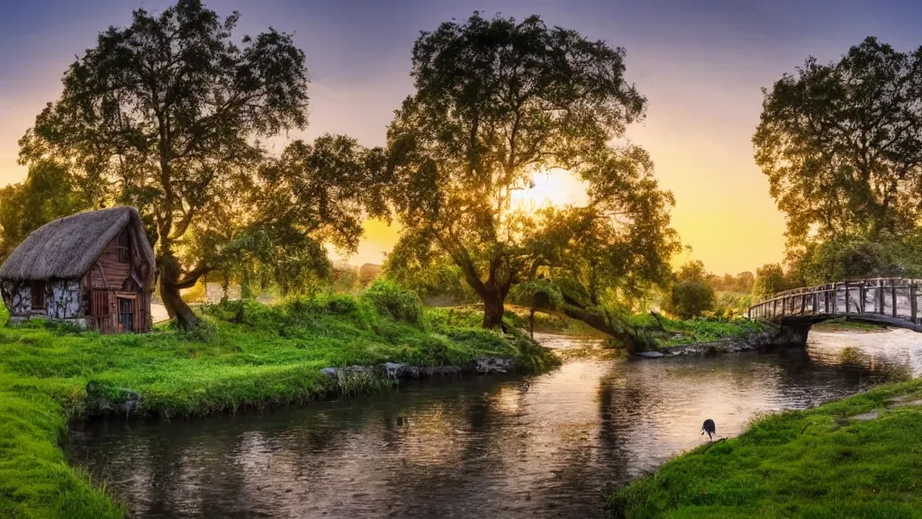 Image similar to small wooden cottage by the river, a tree with vines wrapped around it, two crows on the tree, tranquility, arch stone bridge over the river, an old man riding a horse on the bridge, sunset