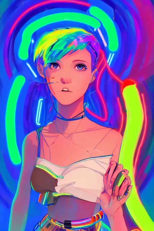 Image similar to a award winning portrait of a beautiful woman with stunning eyes in a one off shoulder croptop and cargo pants with rainbow colored hair, outlined by whirling illuminated neon lines and fine lines swirling in circles by makoto shinkai, digital art, trending on artstation