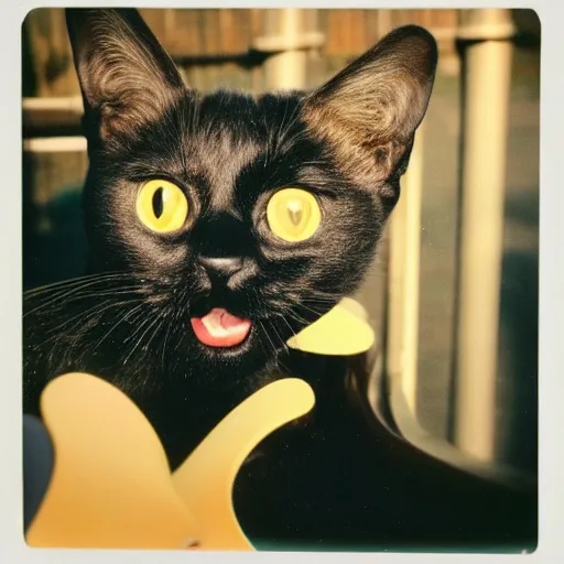 Image similar to black cat in a rollercoaster. the cat looks happy. sunny lighting. polaroid. technicolor.