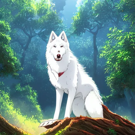 Image similar to highly detailed digital art of a magestic white wolf standing on an overgrown fallen tree trunk, lush surroundings, sunshine, kimi no na wa, trending on artstation, tranquil