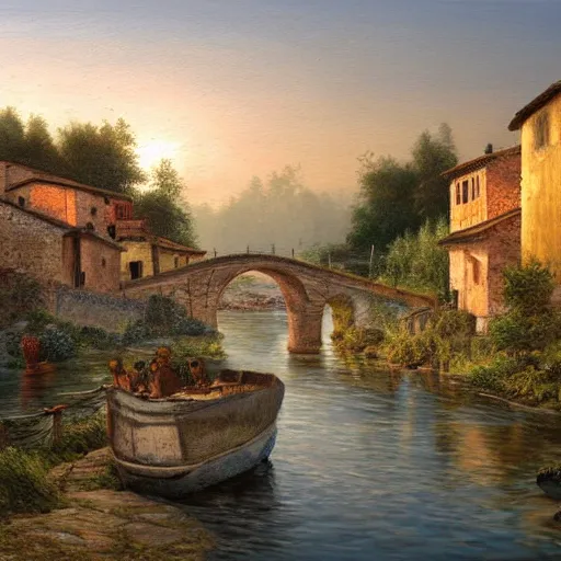 Image similar to High-Quality realist painting of a river crossing a traditional Italian village at dawn, peaceful, very detailed, digital art.