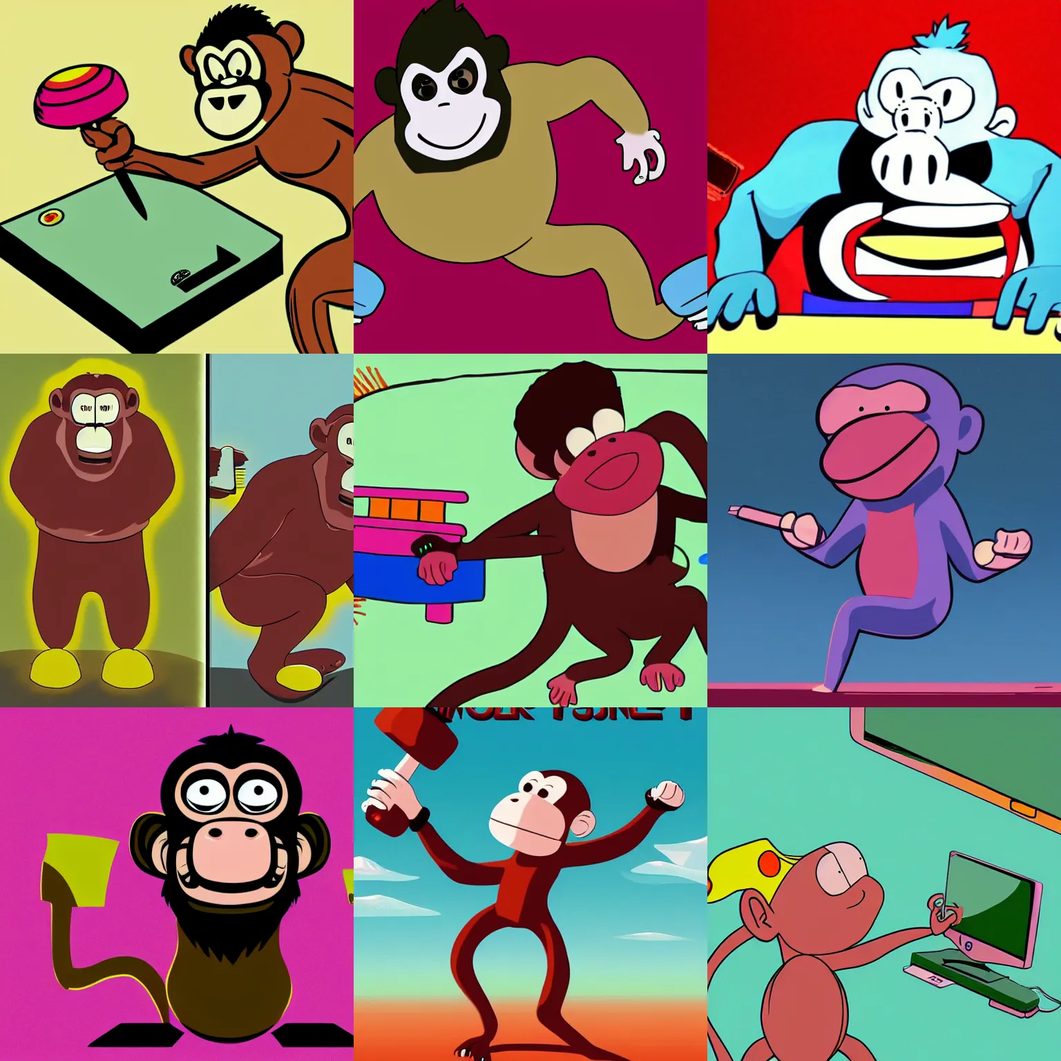Prompt: monkey hits desktop computer with a oversized mallet concept art style of adult swim