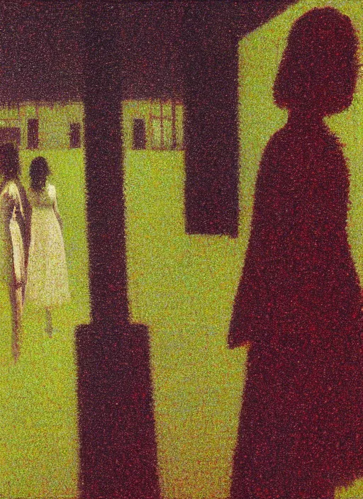 Image similar to a film still of suspiria by dario argento 1 9 7 7 movie, painted by georges seurat, impressionism, pointillism, high quality, detailed