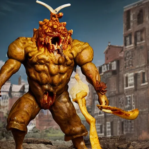 Image similar to a warrior fighting a giant cheeseburger demon that spits mustard. eldenring boss, zbrush, arnold render, unrealengine 5, dark souls, horror, extremely detailed