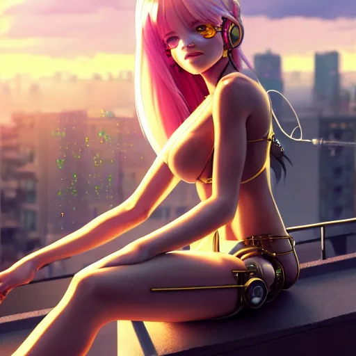 Image similar to beautiful cyborg - angel girl sitting on rooftop overlooking a floating city, long curly blonde hair, golden watery eyes, full round face, big smile, biomechanical details, digital cyberpunk anime art, full body shot, reflections, lens flare, rainfall, wlop, ilya kuvshinov, artgerm, krenz cushart, greg rutkowski