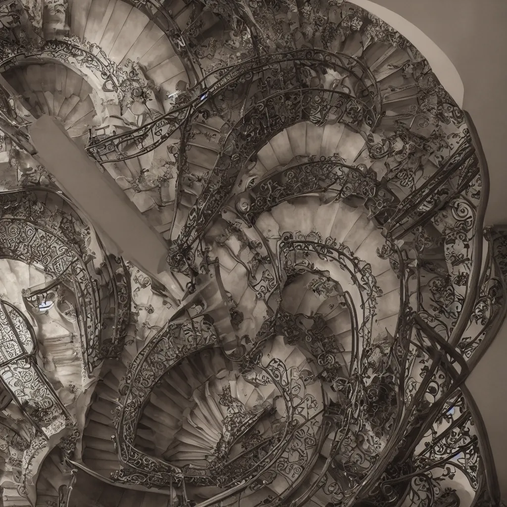 Image similar to a realistic art - nouveau spiral staircase. dark stairs. tall building, seen from the top. realistic shadows of cats. detailed, octane render, hyperrealistic, very coherent, hyper realism, high detail, octane render, 8 k