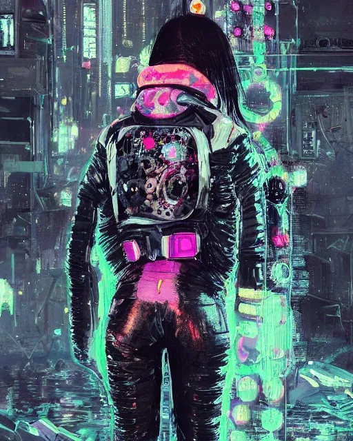 Image similar to detailed portrait Neon guard woman with very short dark hair seen from the back, cyberpunk futuristic, reflective puffer jacket, black leggings, decorated with traditional ornaments in front of a dystopian crowd with piles of garbage by Ismail inceoglu dragan bibin hans thoma, Perfect face, fine details, realistic shaded, fine-face, pretty face