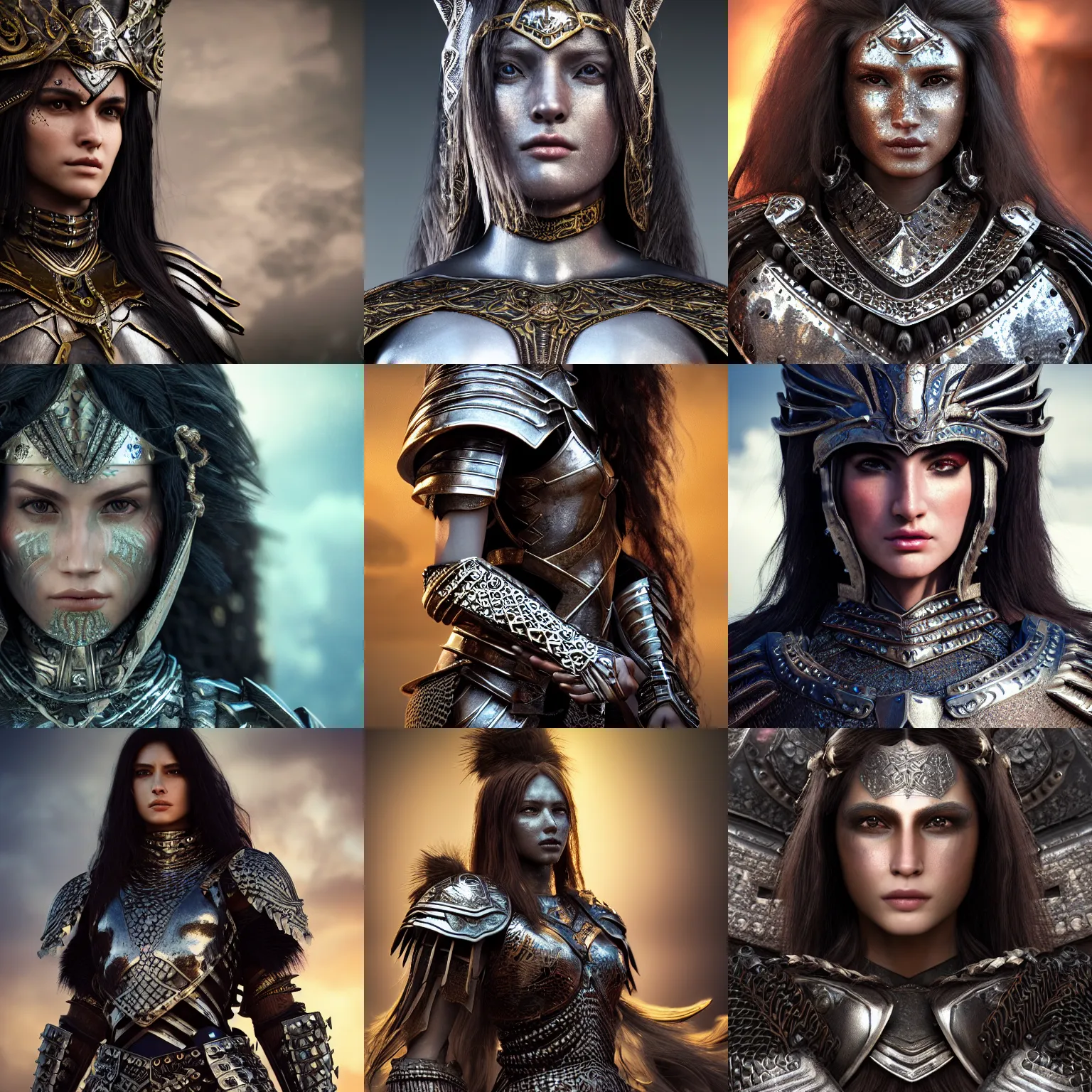 Prompt: a beautiful long, darkhaired warrior queen, highly intricate warriors armor, leather armor, glowing, detailed beautiful face, silver eyes, dark brown black skin, starlight filter, vibrant colors, 8k, highly detailed, octane render, unreal engine, ultra realistic