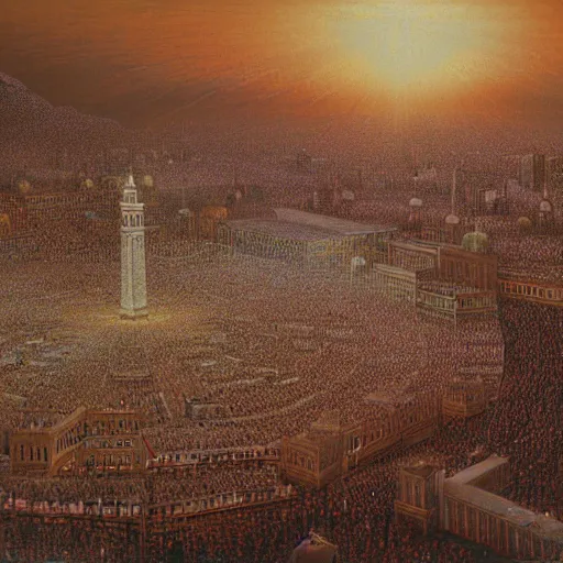 Prompt: painting of mecca on hajj day, highly detailed, volumetric lighting, god rays, by gustave dore and john collier