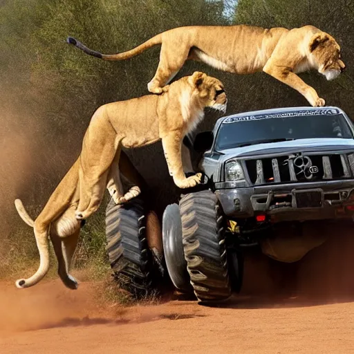 Prompt: pack of lionesses attacking a wild monster truck, nature documentary