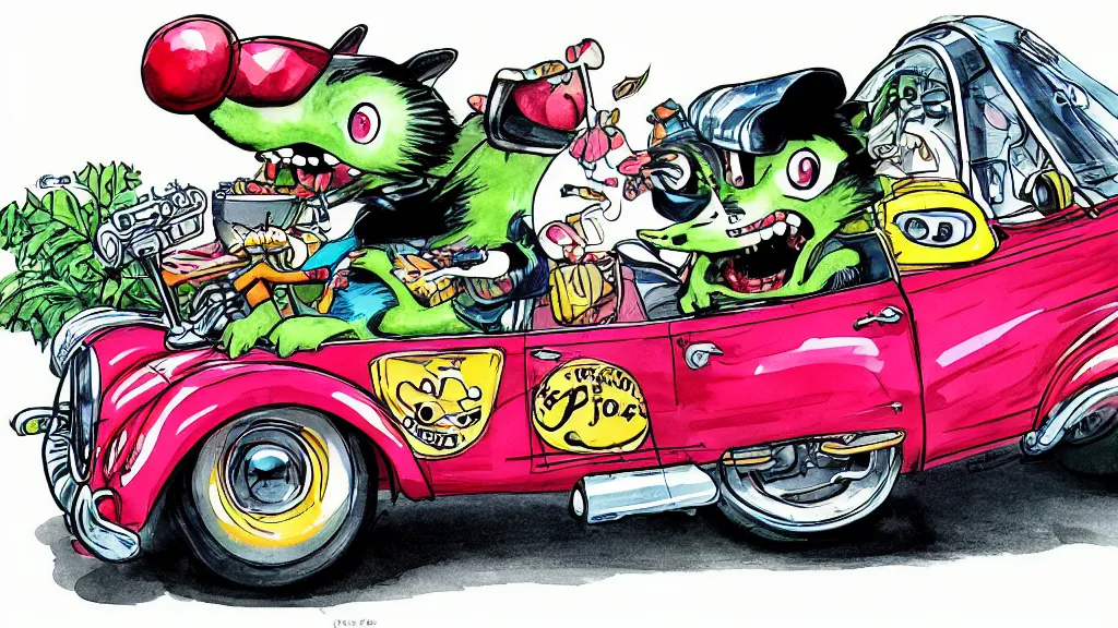 Image similar to cute and funny, racoon riding in a tiny hot rod coupe with oversized engine, ratfink style by ed roth, centered award winning watercolor pen illustration, by chihiro iwasaki, edited by range murata