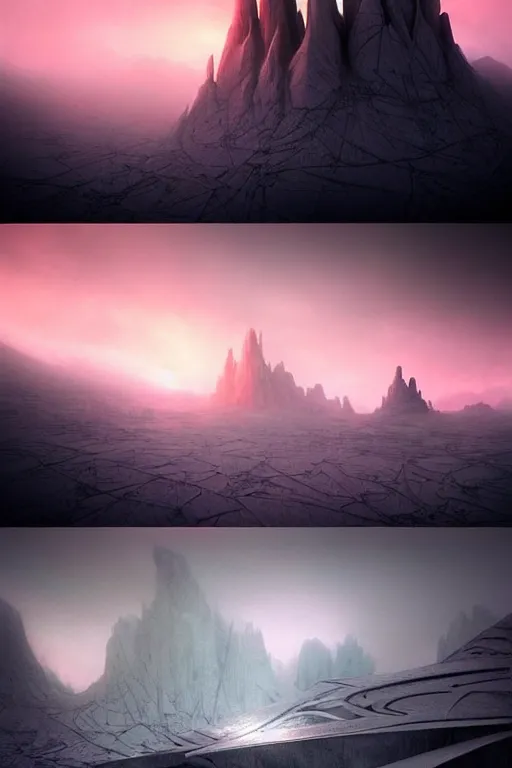 Prompt: futuristic atmosphere in the snowy mountains dolomites 3 d concept art, cinematic lighting, pastel pink sunset, rule of thirds, depth of field, intricate details, building by zaha hadid, stormy weather, emissary space by arthur haas and bruce pennington and john schoenherr, cinematic matte painting, dark moody monochrome colors, trending on artstation, featured on behance