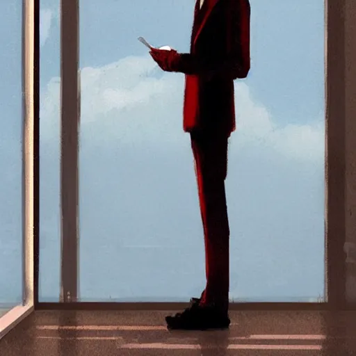 Image similar to concept art by greg rutkowski, very tall and thin young man, dressed in a lawyer's suit, standing drinking a coffee looking out a window in a minimalist, hi - tech, brutalist office, reddish exterior lighting, scifi, highly detailed portrait, digital painting, artstation, concept art, smooth, sharp foccus ilustration, artstation hq