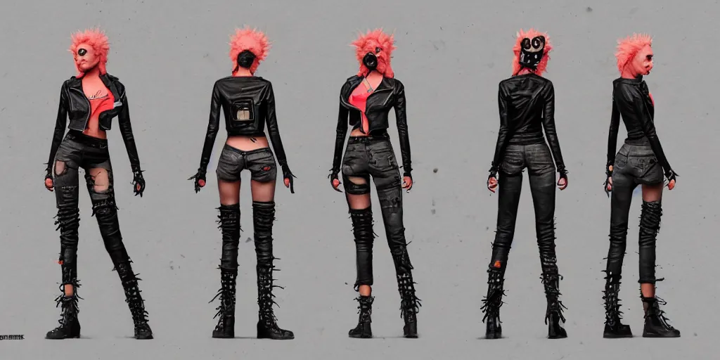 Image similar to gina is a punk rocker, character sheet, concept design, contrast, hot toys, kim jung gi, greg rutkowski, zabrocki, karlkka, jayison devadas, trending on artstation, 8 k, ultra wide angle, pincushion lens effect