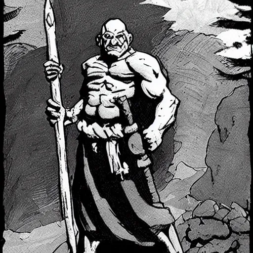 Image similar to A Half-orc Druid holding a wooden staff, holding a wooden staff, Mike Mignola