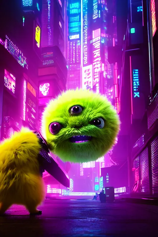 Image similar to high quality 3 d render cyberpunk very tennis ball monster highly detailed, unreal engine cinematic smooth, in the style of blade runner & detective pikachu, hannah yata charlie immer, purple light, low angle, uhd 8 k, sharp focus