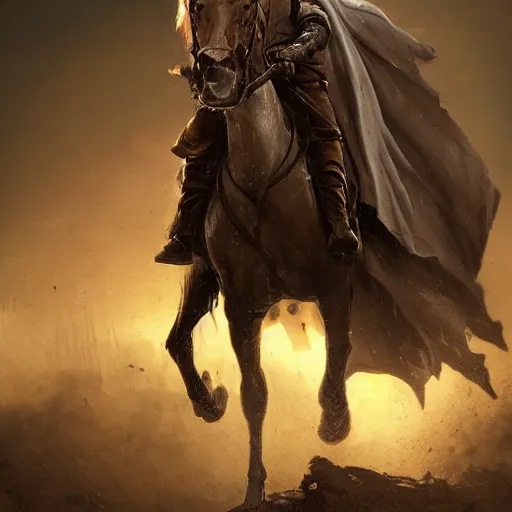 Image similar to epic portrait an hooded man riding a horse in a middle of an battlefield, explosions, dust, dirt, digital painting, artstation, concept art, soft light, hdri, smooth, sharp focus, illustration, fantasy, intricate, elegant, highly detailed, D&D, matte painting, in the style of Greg Rutkowski and Alphonse Mucha and artemisia, 8k, highly detailed, jurgens, rutkowski, bouguereau, pastoral, rustic, georgic, detailed concept art, illustration, colorful pastel, painting, detail, ultra detailed, digital art, 4K,