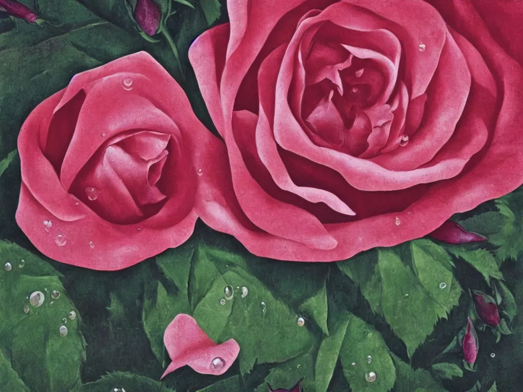 Image similar to a close up of a rose, with drops of water on the petals, by georgia o'keeffe